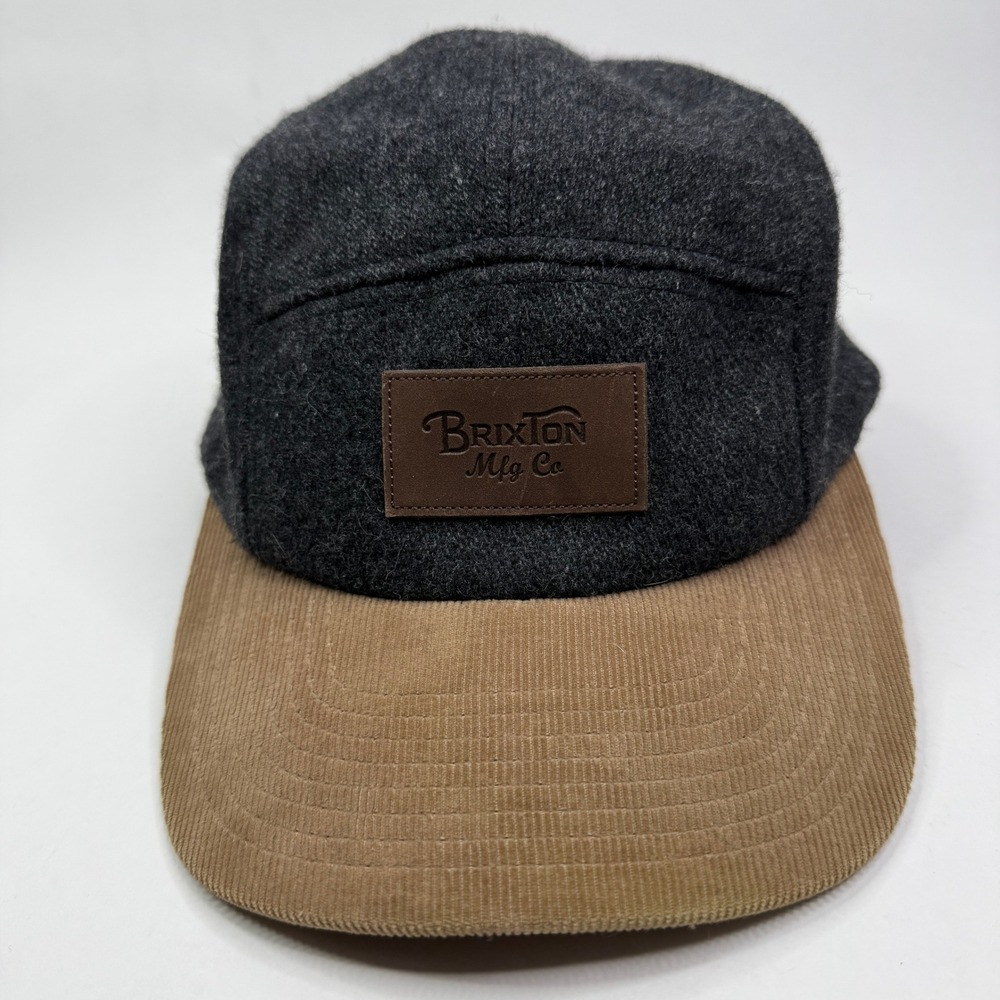 Brixton 5 Panel Camper Hat Charcoal Grey Wool Tan Corduroy Brim Leather Strap